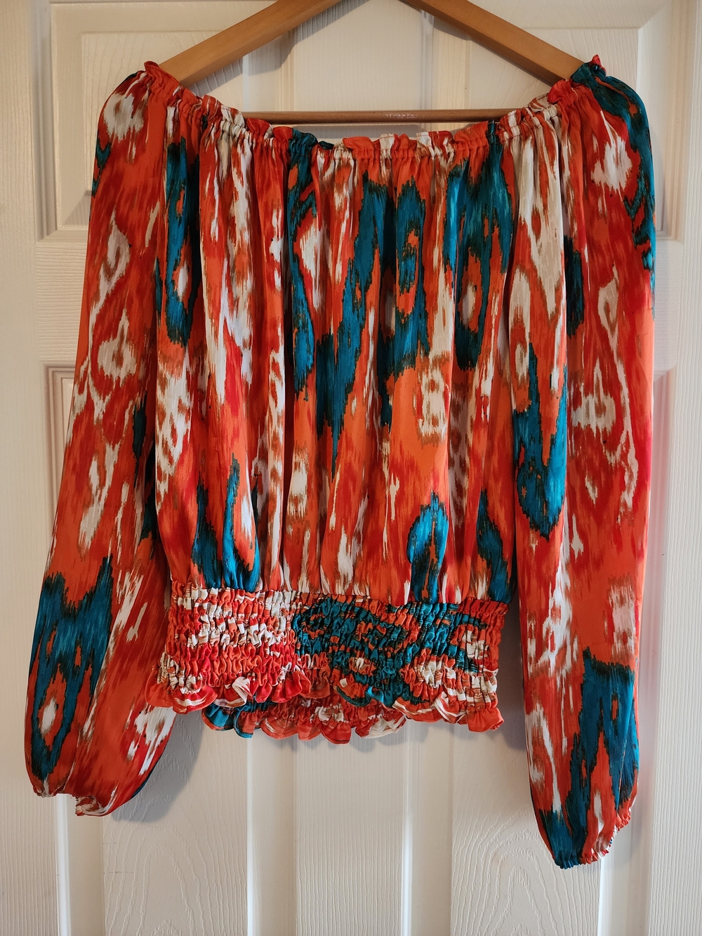 Michael Kors Off-Shoulder Smocked Hem Blouse in Orange & Teal Print